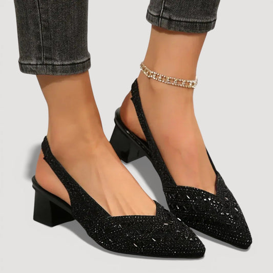 Glitter Pointed Toe Slingback Block Heels