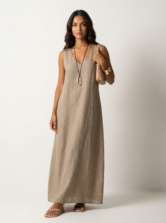 Sleeveless Linen Look V Neck Maxi Dress
