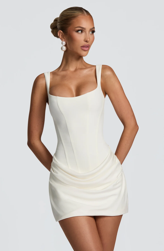 Structured Bodice Mini Dress With Draped Skirt