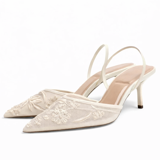 Sheer Mesh Floral Embroidered Mule Heels