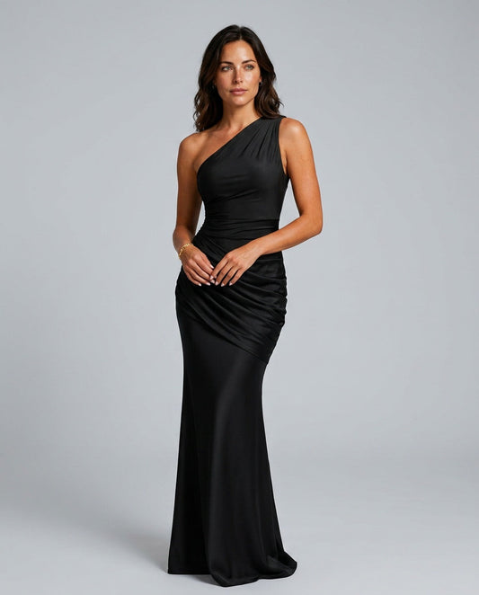 Asymmetric One Shoulder Draped Satin Maxi Dress
