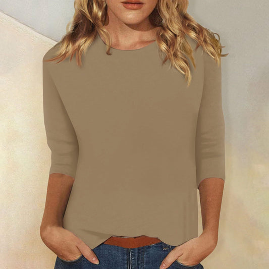 Three-Quarter Sleeve Round Neck Solid Color Tee