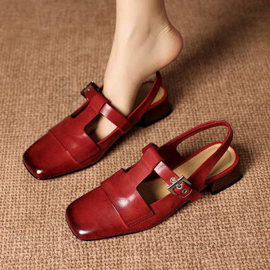 Women's Square Toe T Strap Slingback Heels