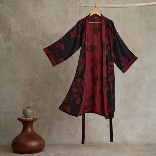 Ginkgo Print Cotton Kimono Robe
