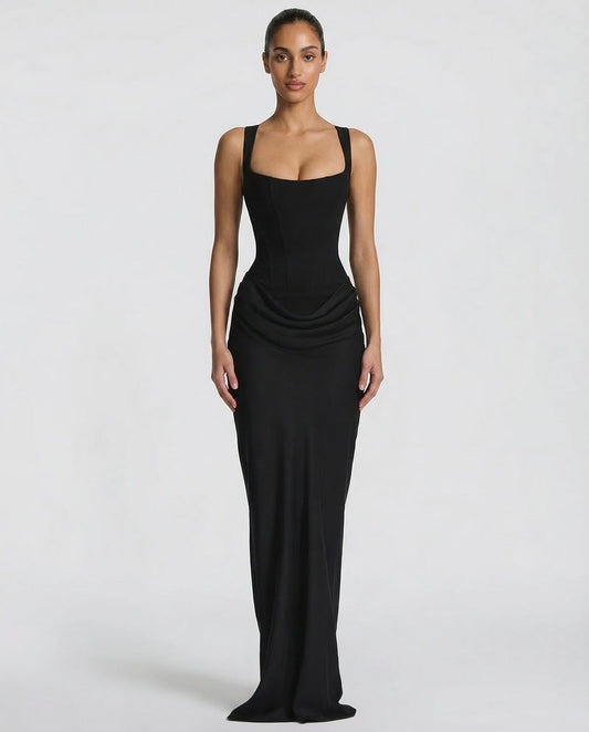 Lace Up Corset Maxi Dress With Draped Skirt