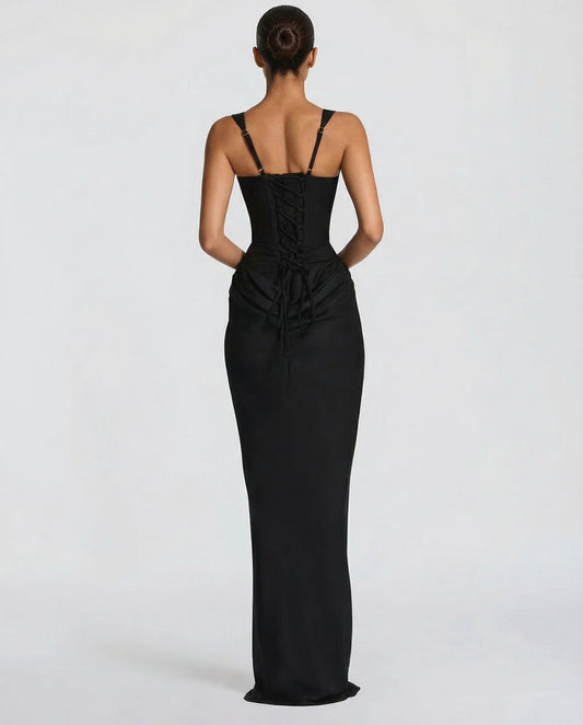 Lace Up Corset Maxi Dress With Draped Skirt
