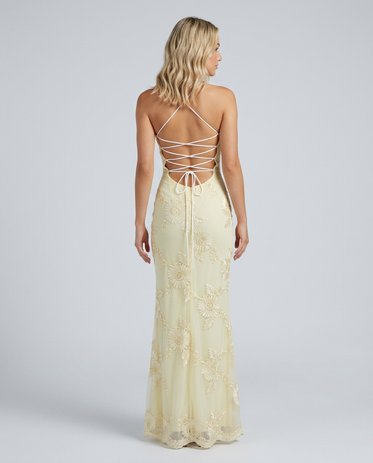 Floral Applique Corset Maxi Dress With Sweetheart Neckline