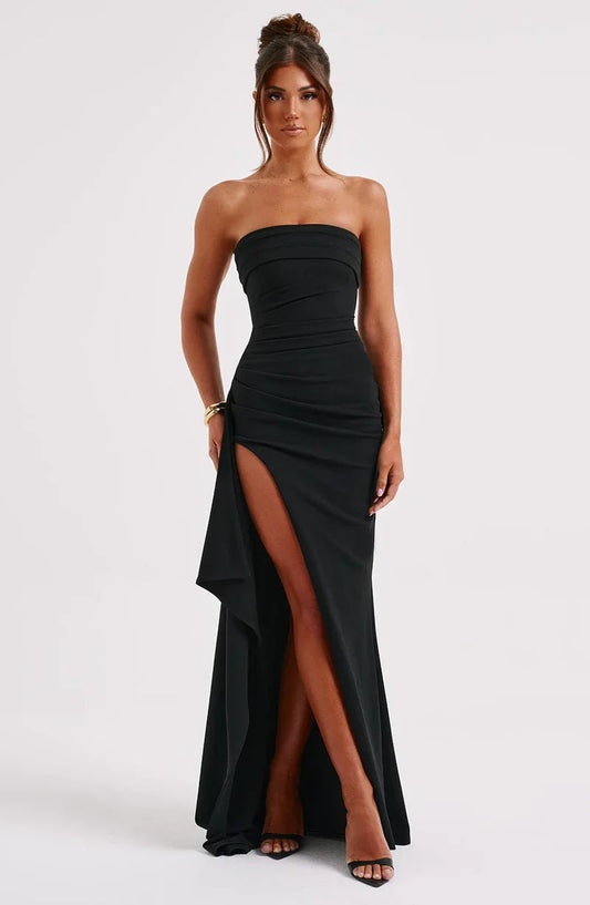 Twisted Bodice Strapless Maxi Dress With High Slit