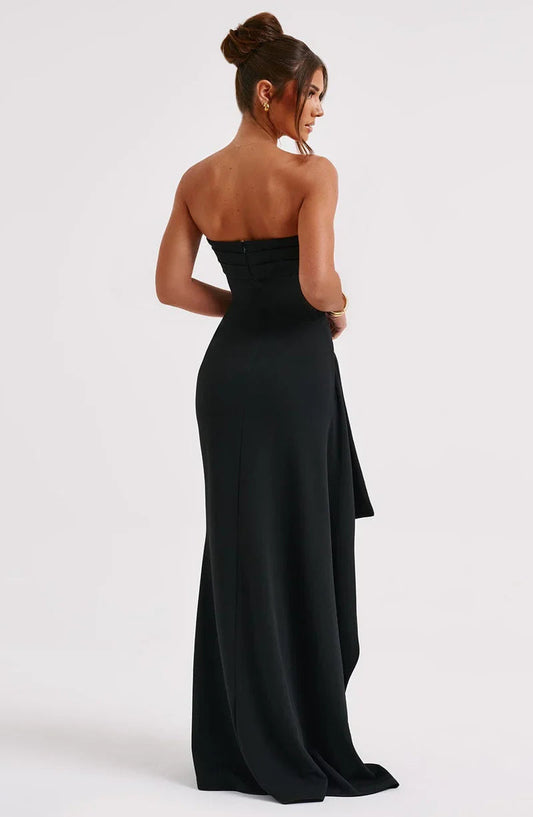 Twisted Bodice Strapless Maxi Dress With High Slit