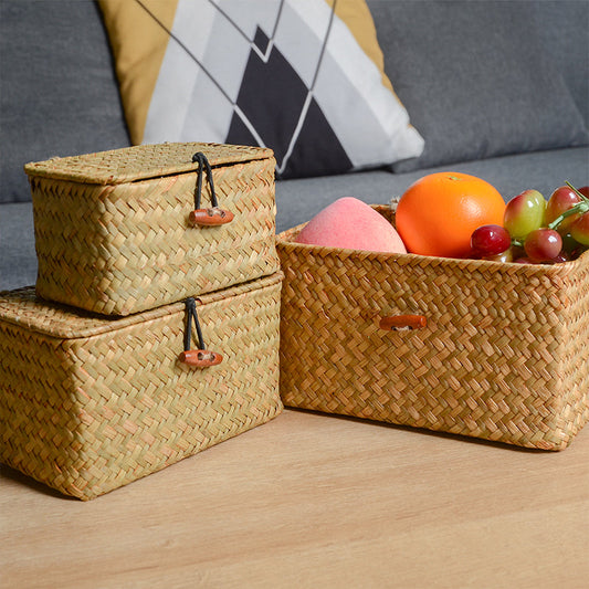Woven Rectangular Storage Basket With Lid