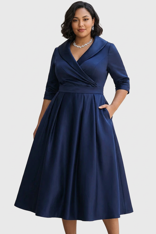 Women's Draped Neckline A-Line Midi Dress With Pockets