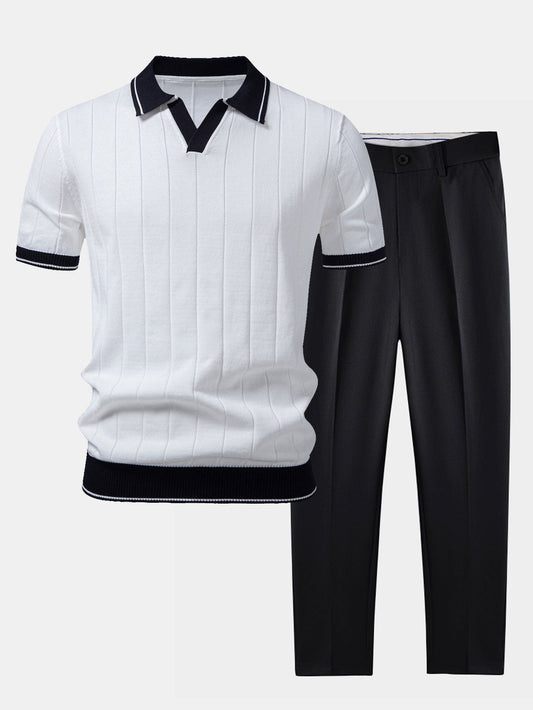 Men's Ribbed Polo And Tapered Trousers Set