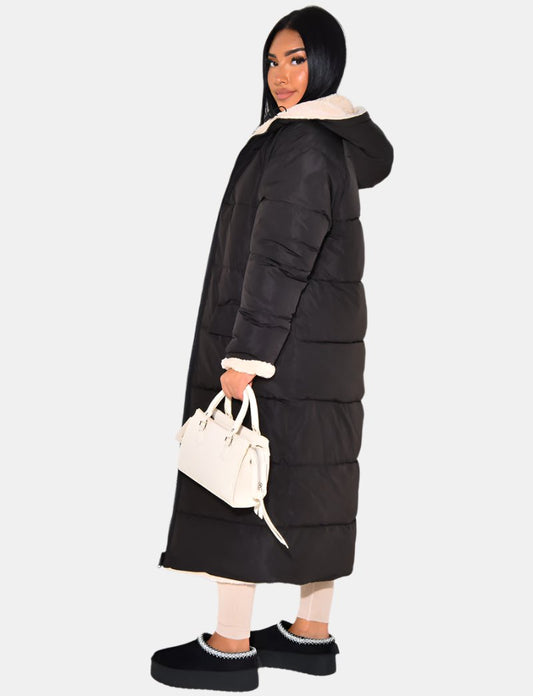 Women's Longline Quilted Puffer Jacket with Hood