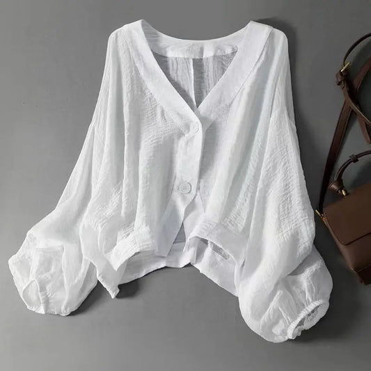 Button Down Linen Blouse with Puff Sleeves