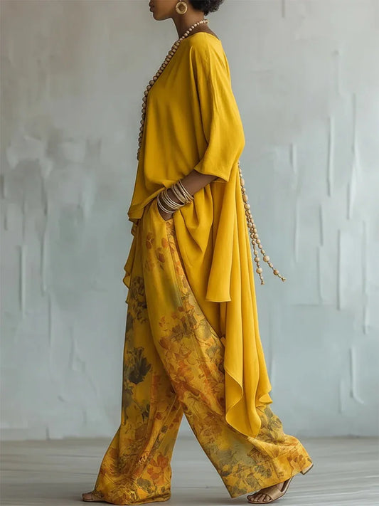 Women's Printed Asymmetric Top and Wide Leg Pants Set