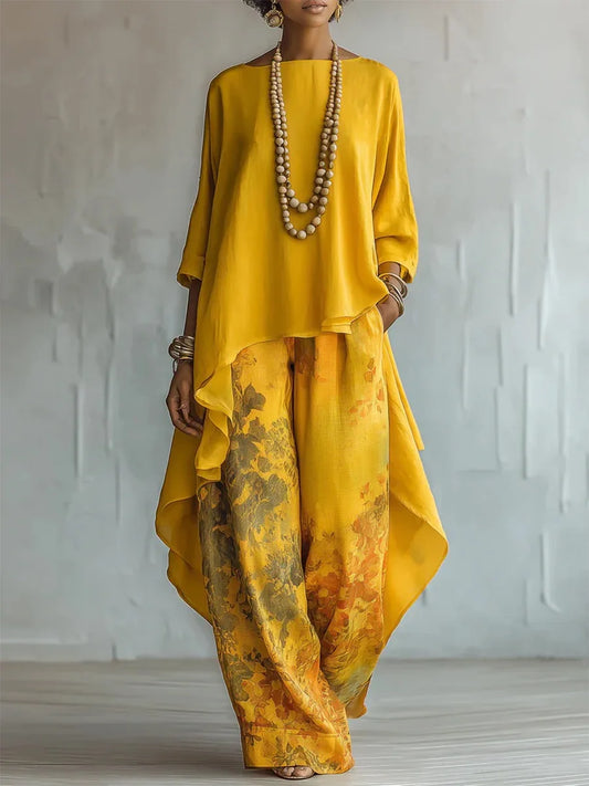 Women's Printed Asymmetric Top and Wide Leg Pants Set