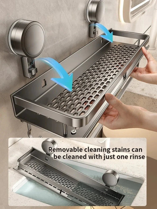 No-Drill Suction Shower Shelf With Hooks