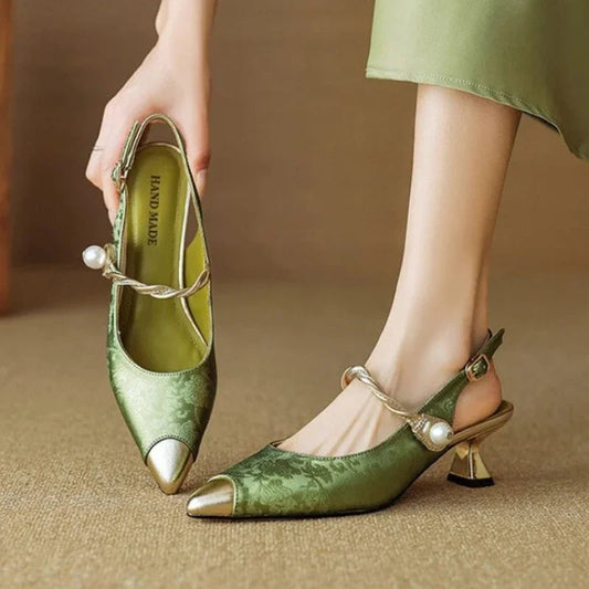 Brocade Satin Kitten Heels with Pearl Strap