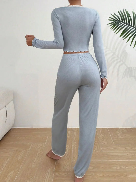 Lace Trim V Neck Pajama Set