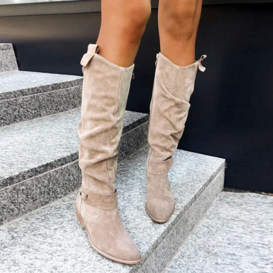 High Tube Boots With Low Heel and Zipper Closure