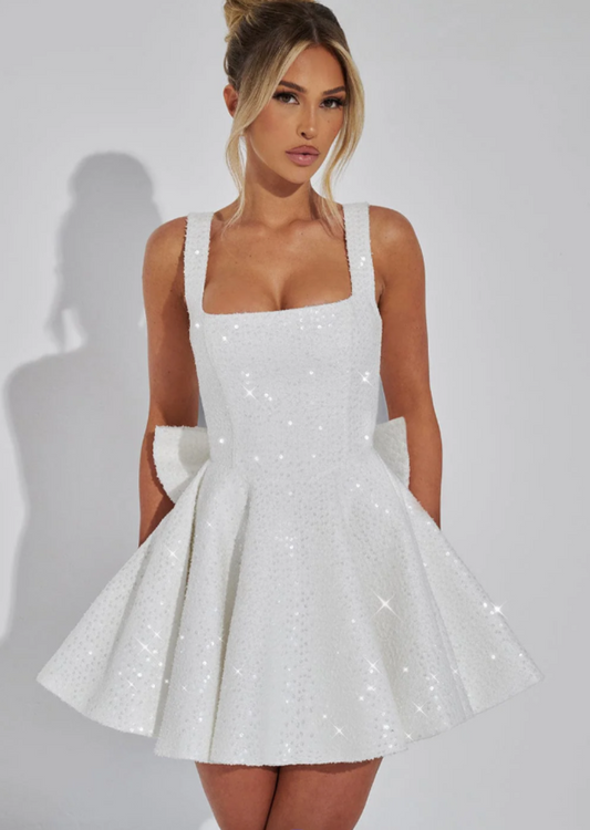 Square Neck Sequin Skater Mini Dress with Bow