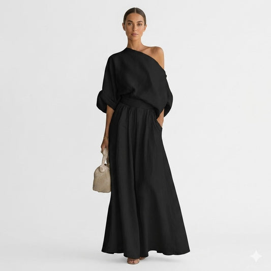 Asymmetric One Shoulder Linen Maxi Set