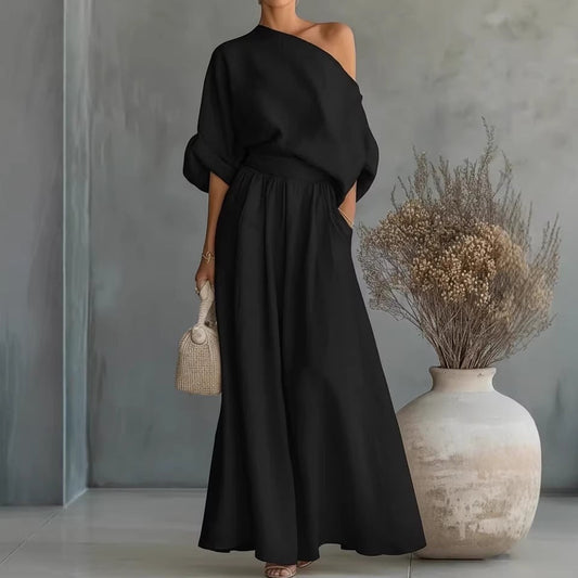 Asymmetric One Shoulder Linen Maxi Set