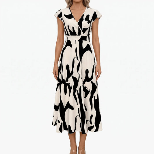 Printed V-Neck A-Line Midi Dress