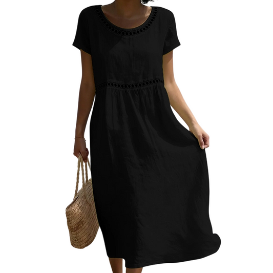 Lace Trim Linen Look A-Line Midi Dress
