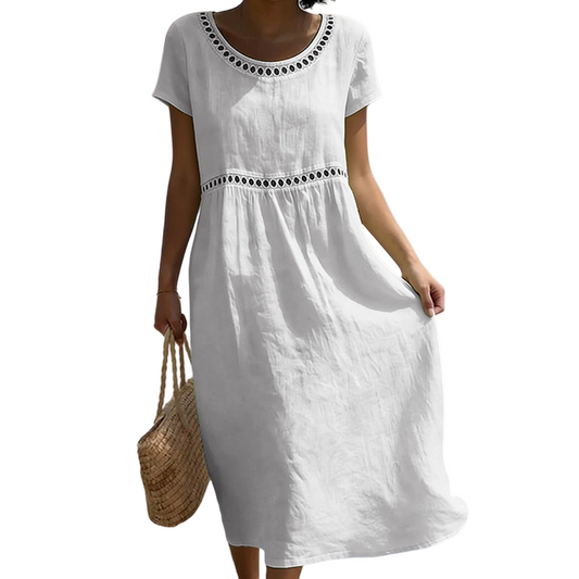 Lace Trim Linen Look A-Line Midi Dress
