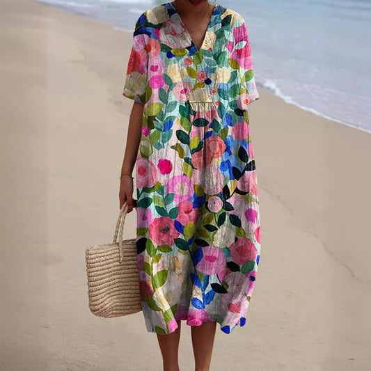 Floral V Neck Short Sleeve Midi Summer Dress