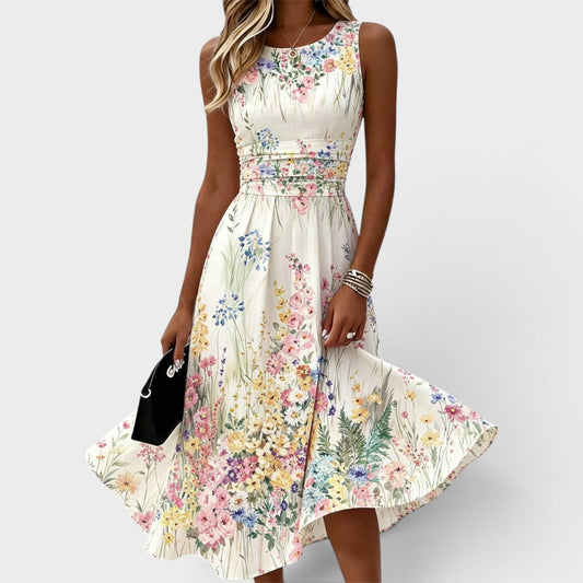 Sleeveless Floral Midi Dress With Defined Waist