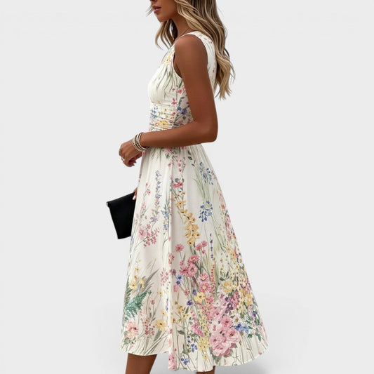 Sleeveless Floral Midi Dress With Defined Waist