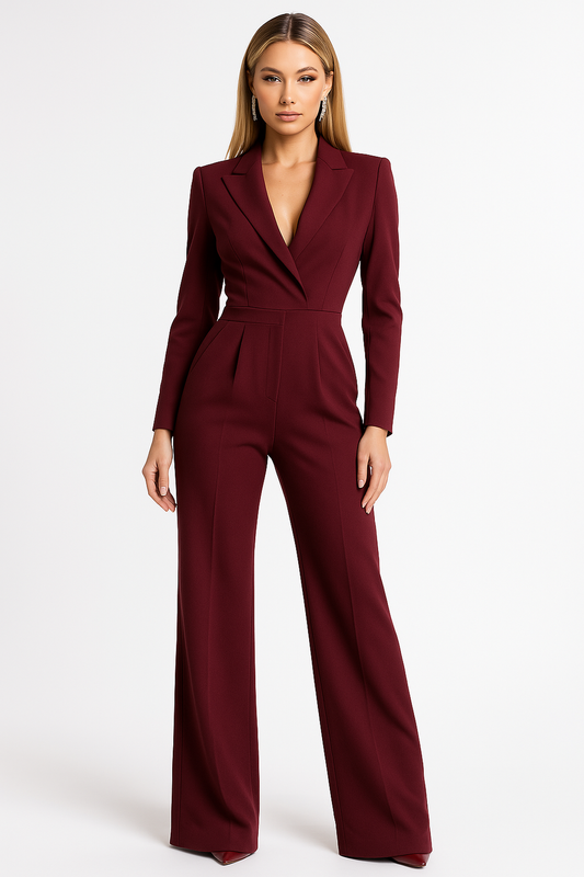 Long Sleeve Wrap-Style Jumpsuit with Wide Leg