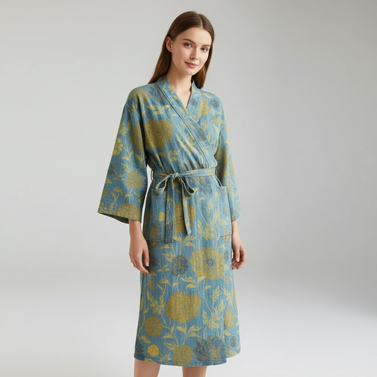 Vibrant Print Cotton Kimono Robe With Pockets