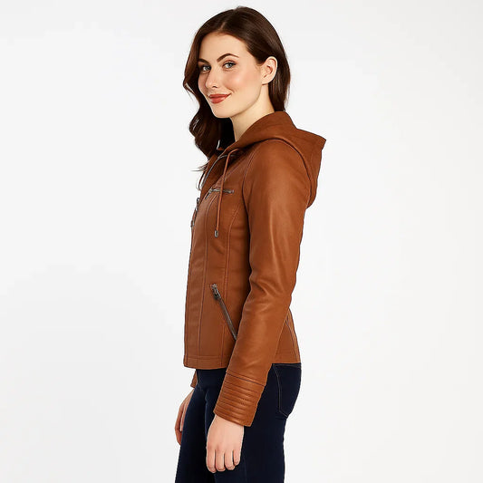 Women's Hooded Leather Jacket – Zip Front – Multi-Pocket – Slim Fit