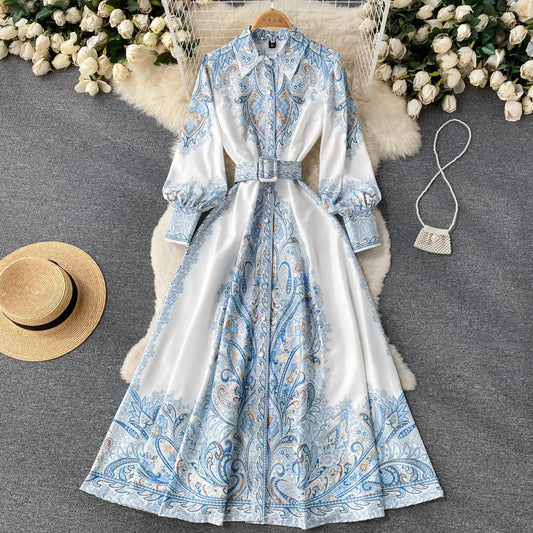 Belted Floral A Line Dress With Collar