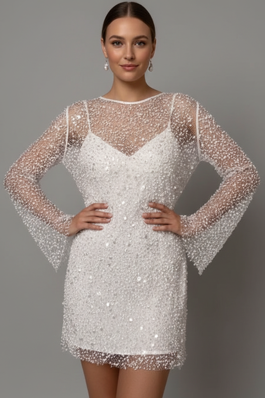 Sheer Mesh Overlay Long Sleeve Layered Mini Dress