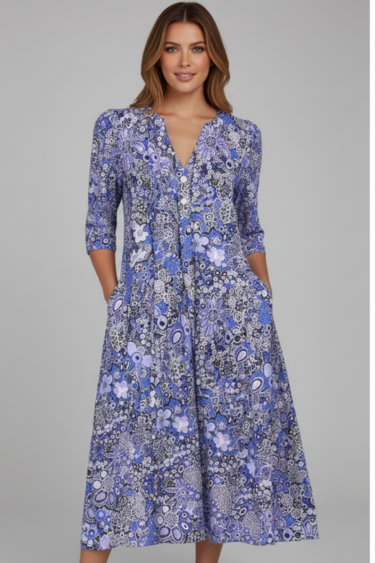 V-Neck Three-Quarter Sleeve Midi Dress