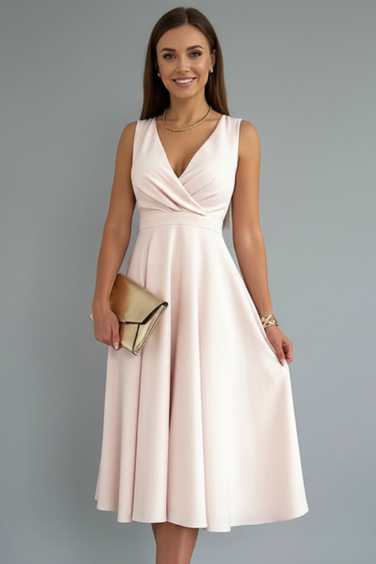 Sleeveless V-Neck A-Line Zip-Back Midi Dress