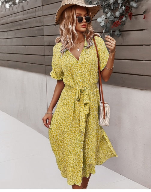 Floral Button Front Midi Dress With Tie Belt
