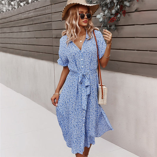 Floral Button Front Midi Dress With Tie Belt