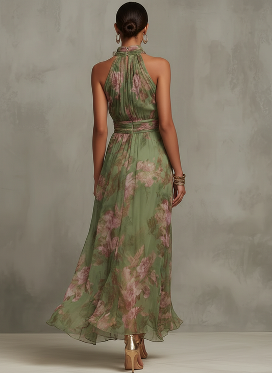 Women's Green Floral Print Halter Dress