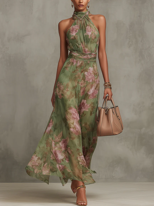 Women's Green Floral Print Halter Dress