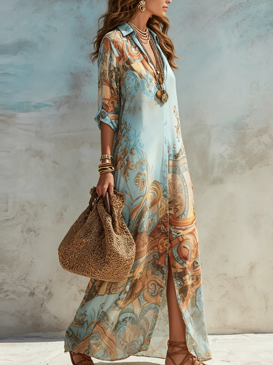 Elegant Mediterranean Blouse Maxi Dress