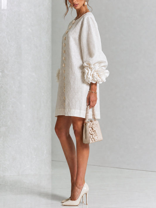 Puff Sleeve Linen Blend Mini Shift Dress