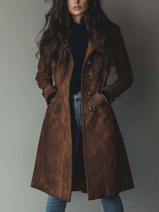 Women's Suede Trench Coat With Vintage Flair