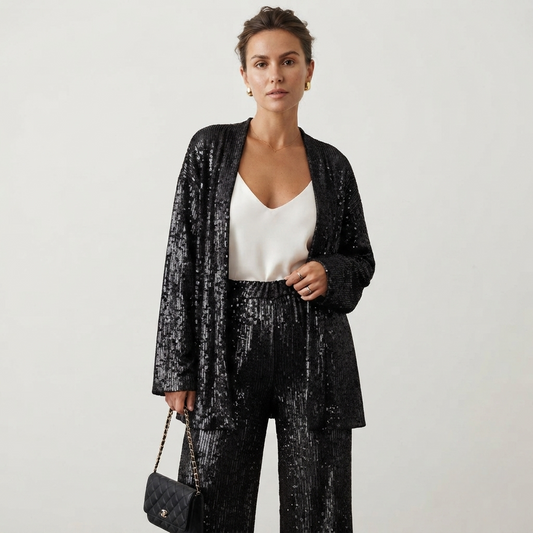 Sequin Cardigan Wide Leg Pants Set