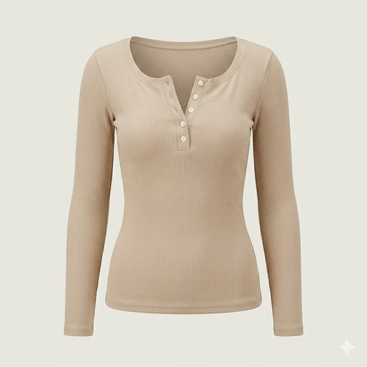 Ribbed Button Front Long Sleeve Top