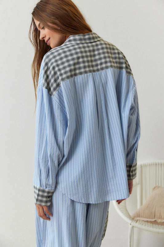 Plaid Contrast Button Up Two Piece Pajama Set